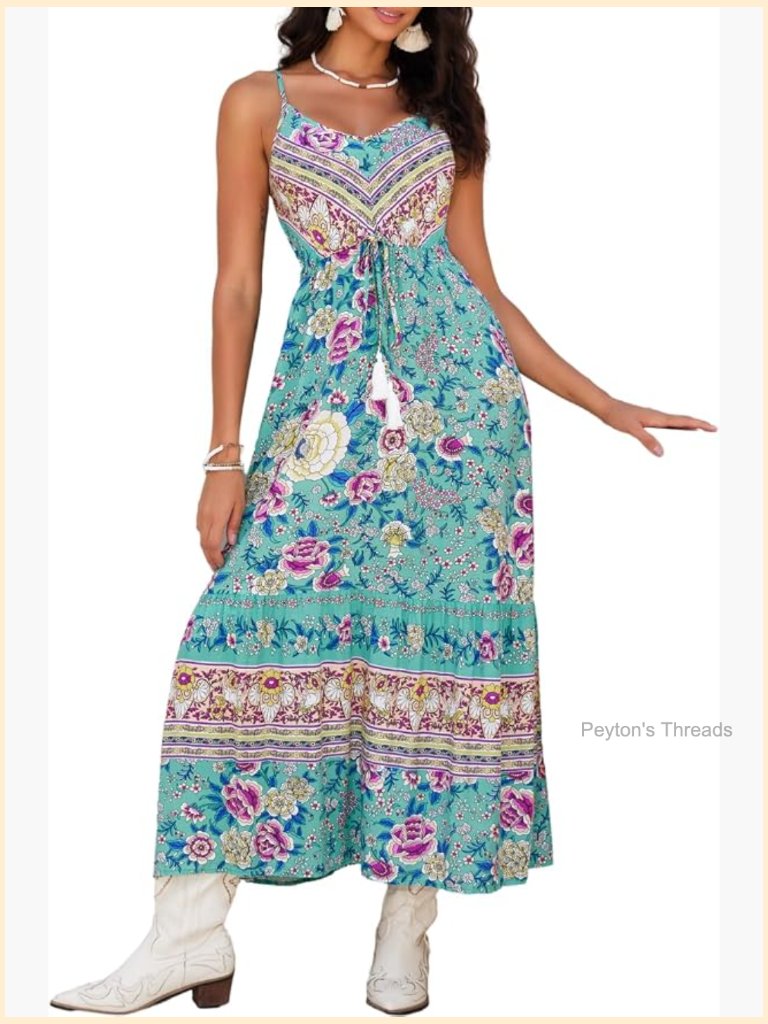 Bohemian Floral Maxi Dress, V-Neck Empire Waist, Spaghetti Strap, Adjustable